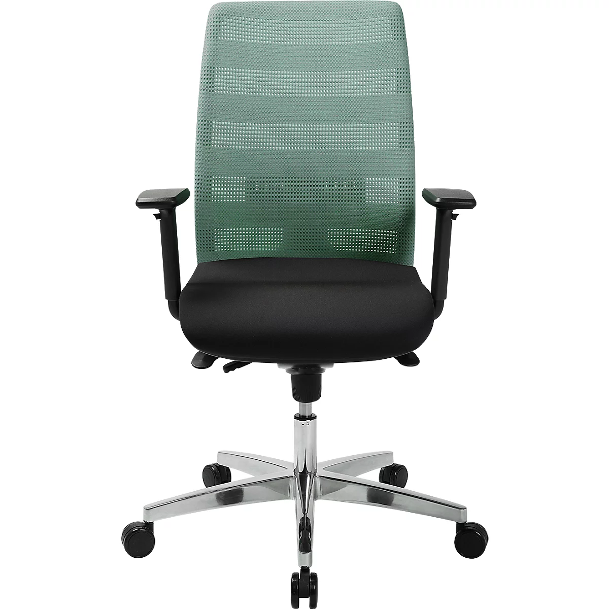 Chaise de bureau avec dossier en maille verte et assise noire. Elle a des accoudoirs, un cadre chromé et des roulettes.