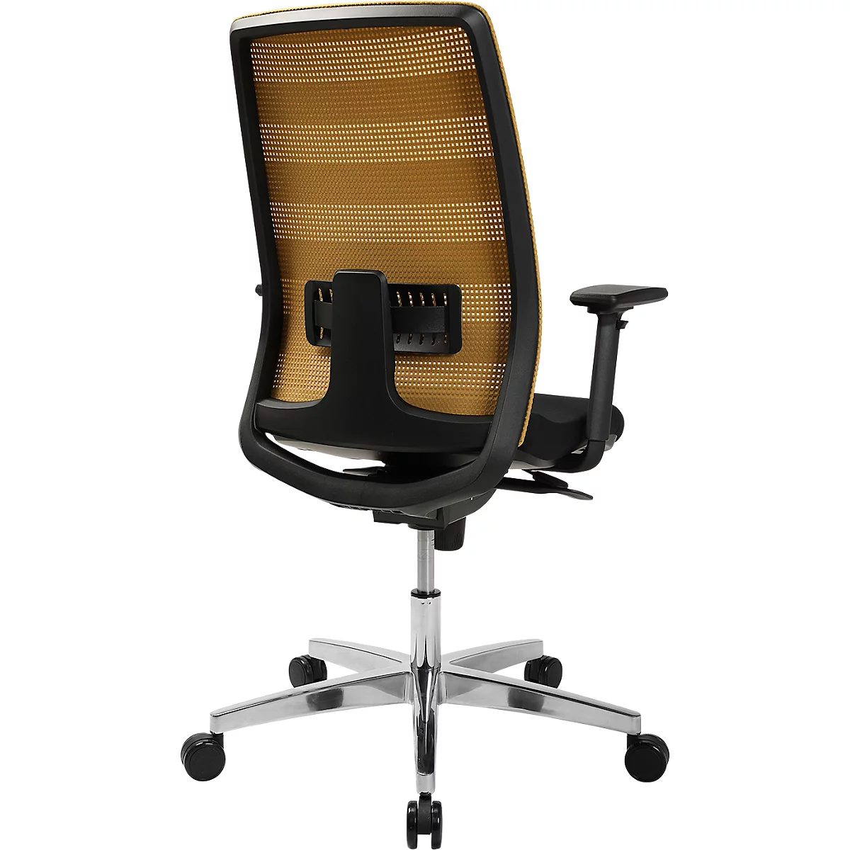 Chaise de bureau avec cadre noir, dossier en maille dorée et base chromée.