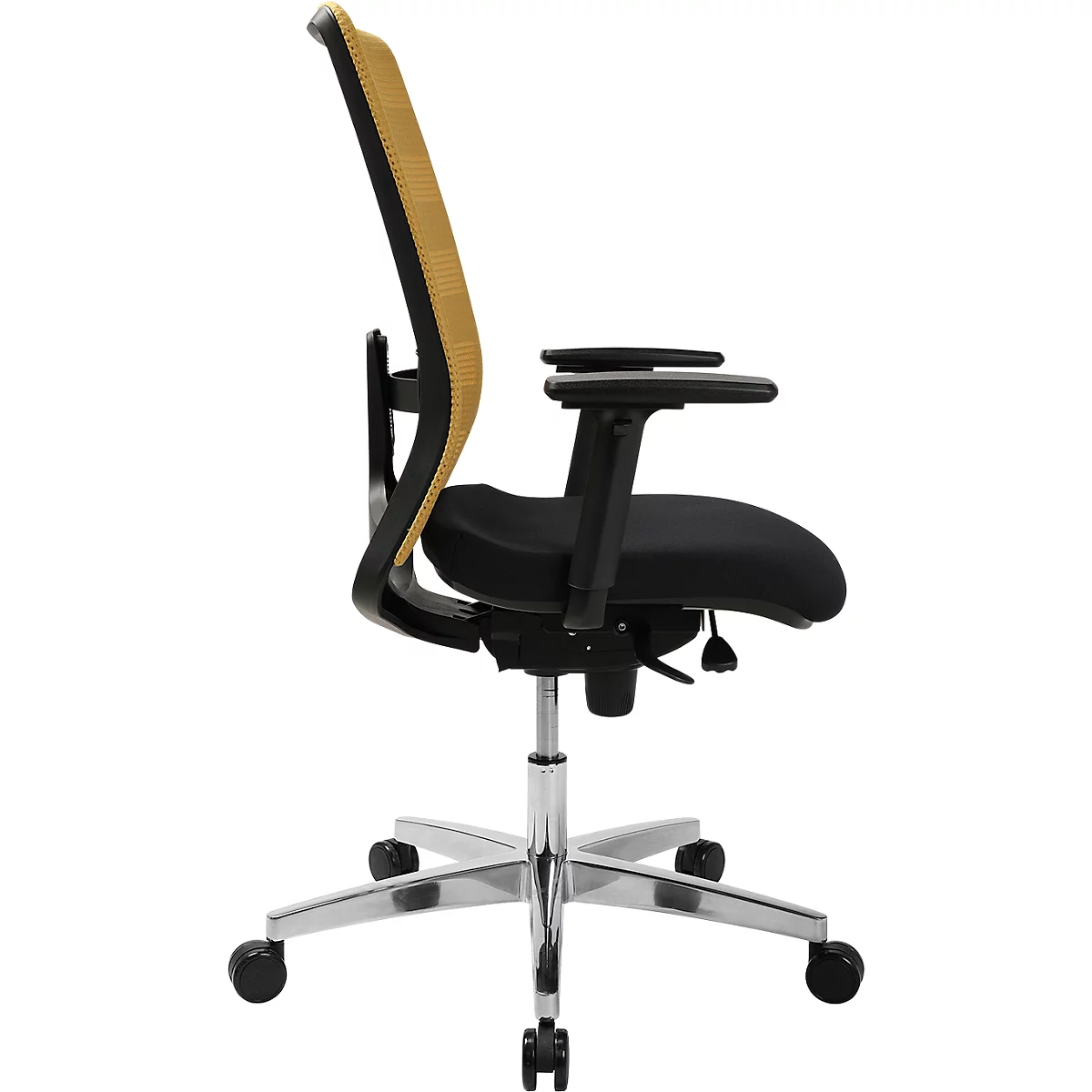 Chaise de bureau de profil, coussin d'assise noir, dossier doré, cinq roulettes.