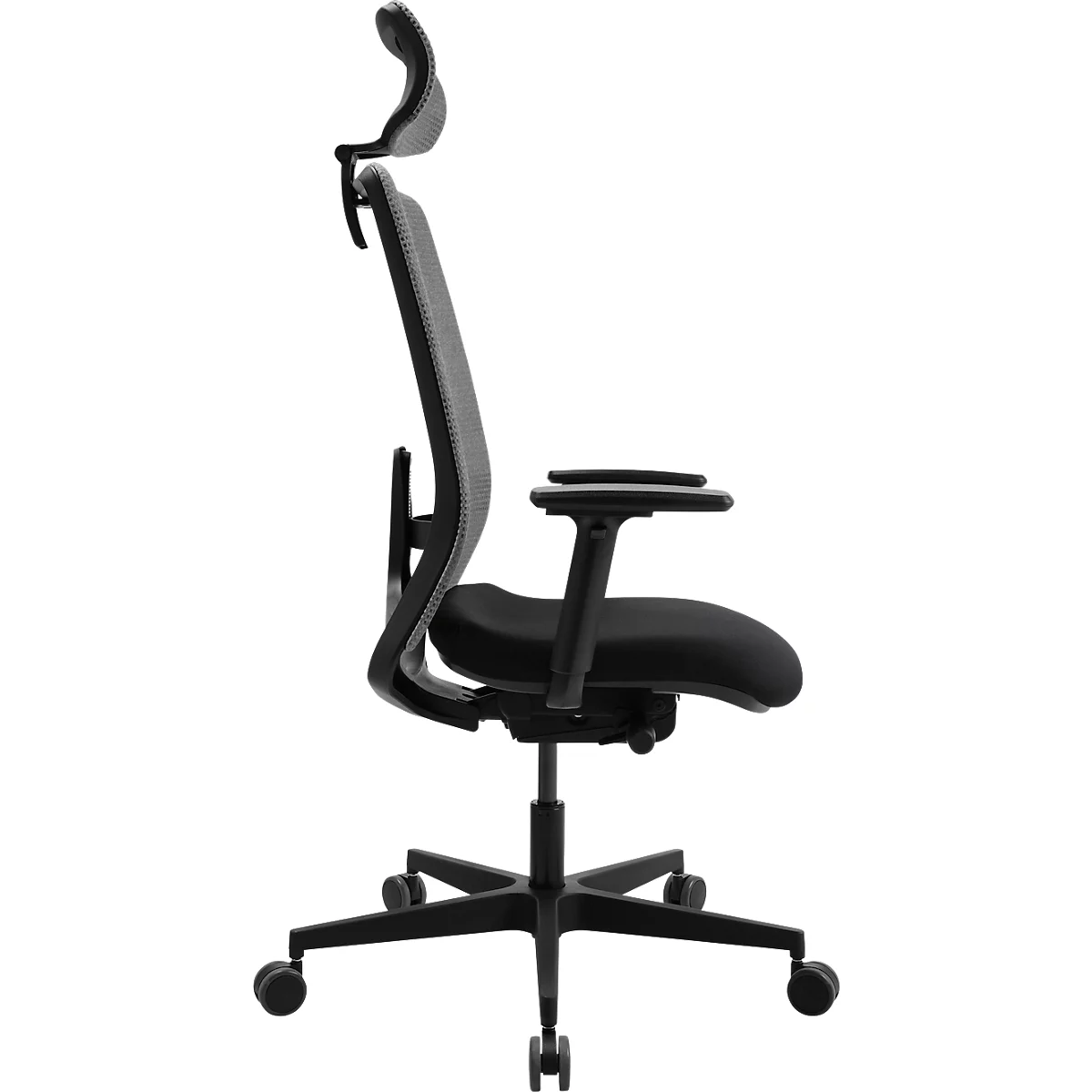 Chaise de bureau noire avec dossier en mesh et appui-tête, vue latérale.