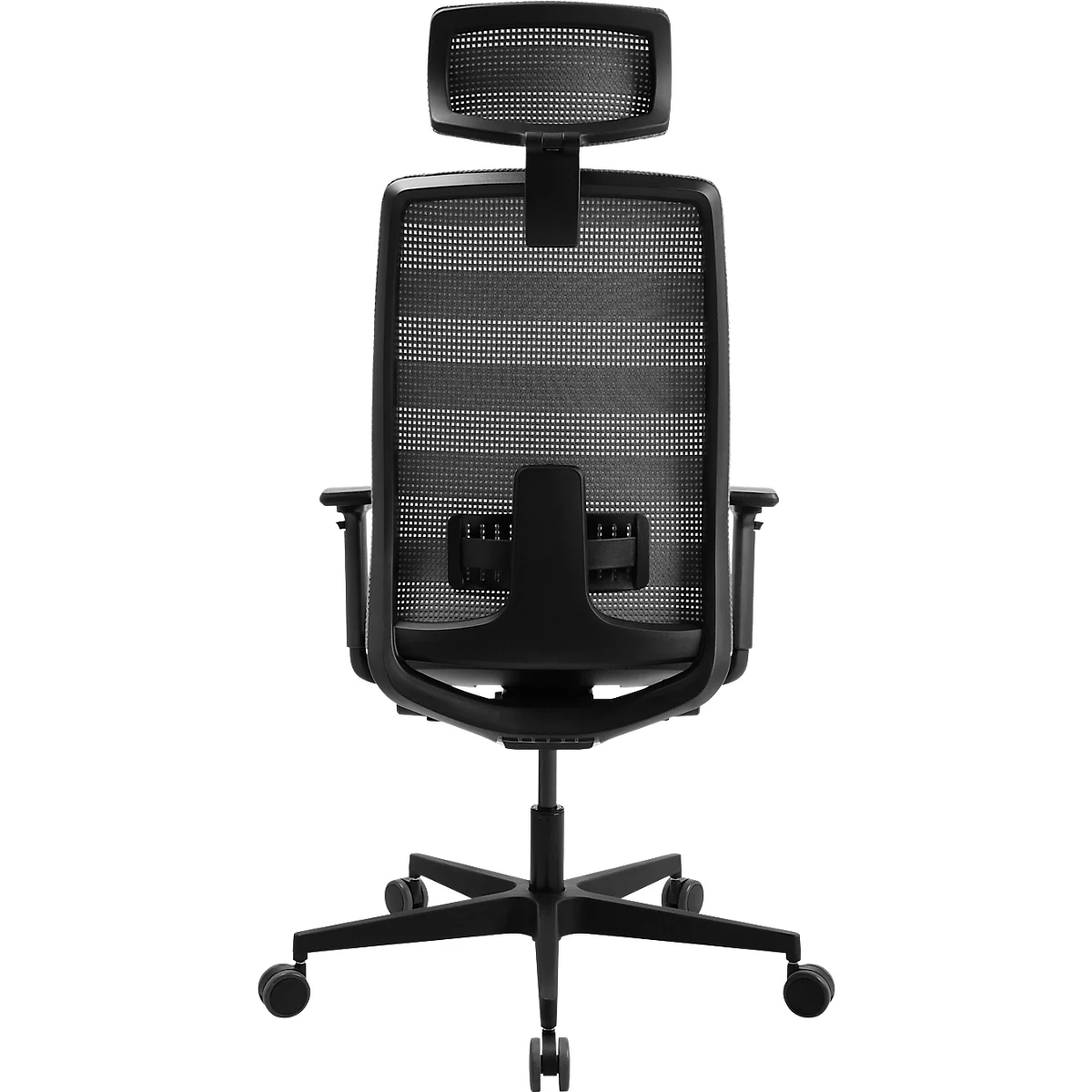 Chaise de bureau noire, vue arrière. Haut dossier avec appui-tête, tissu mesh. Accoudoirs, roulettes et piètement en plastique noir.