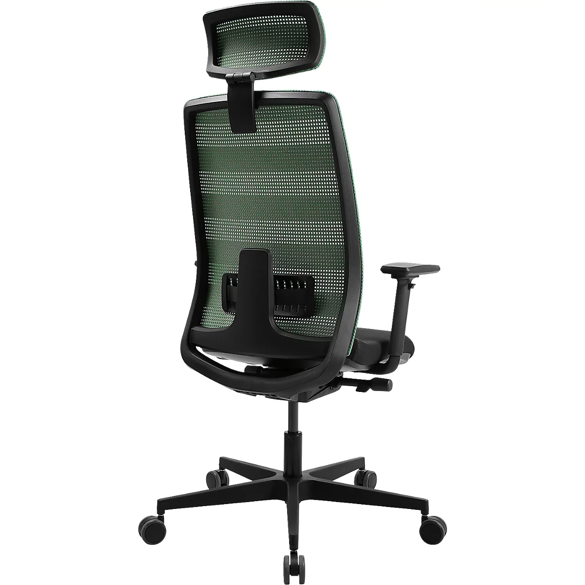 Chaise de bureau, vue arrière. Cadre noir, tissu en maille verte, réglable en hauteur.