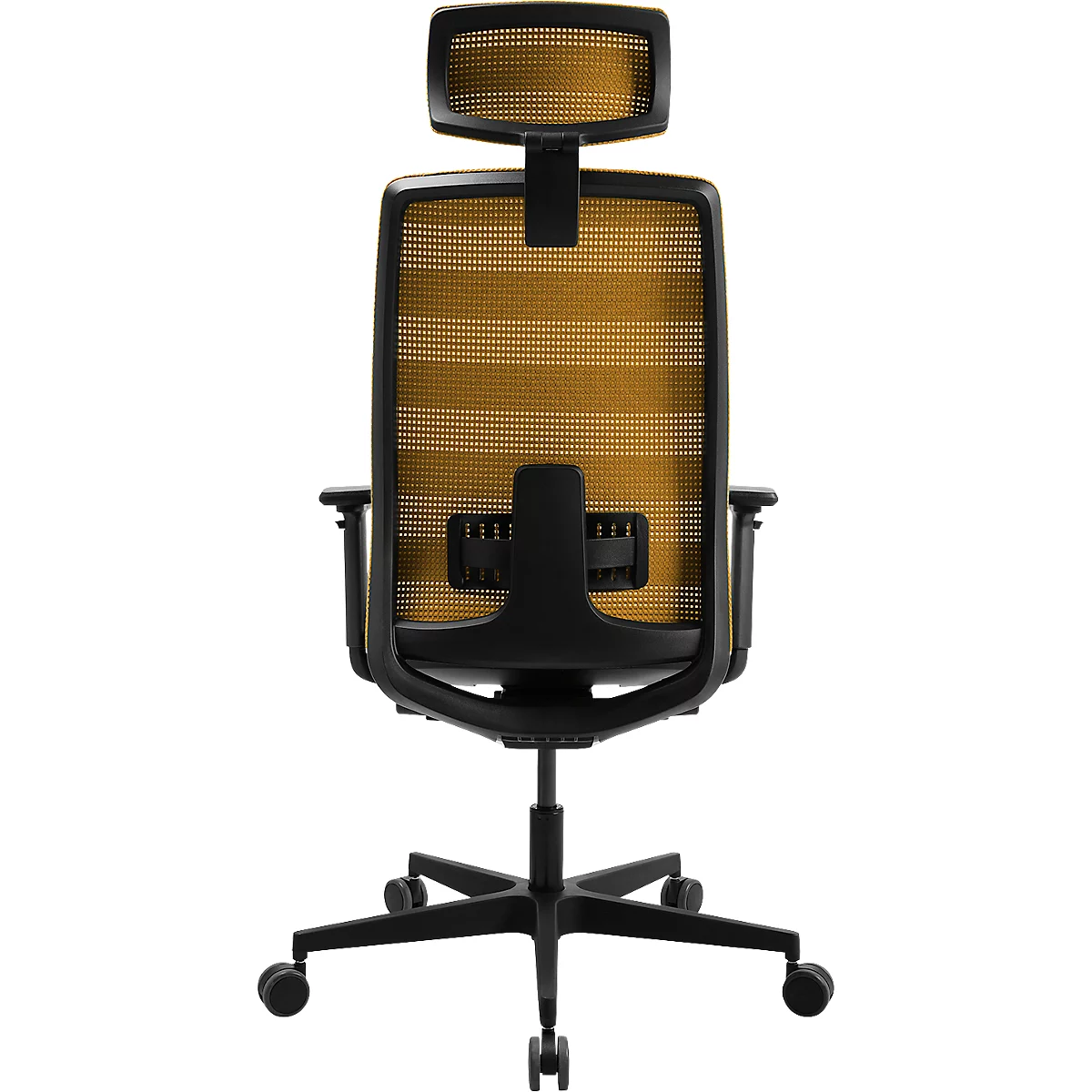 Chaise de bureau, dossier et appui-tête en maille dorée, cadre noir, roulettes.