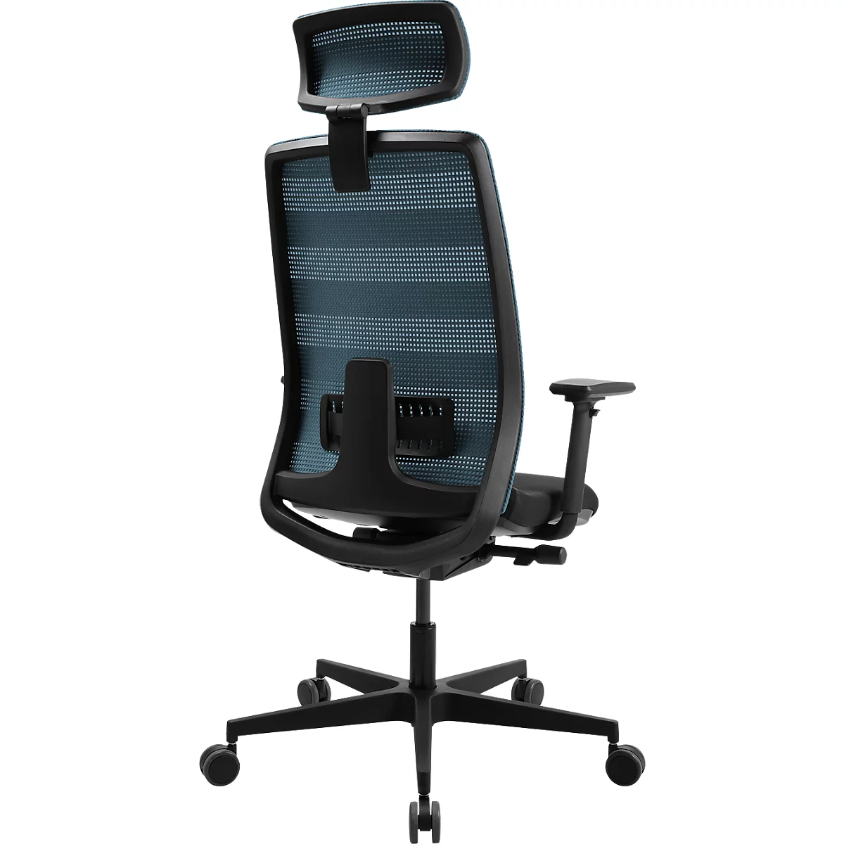 Chaise de bureau avec dossier en maille bleue. Cadre noir, roulettes et accoudoirs. Le dossier et l'appuie-tête sont réglables.