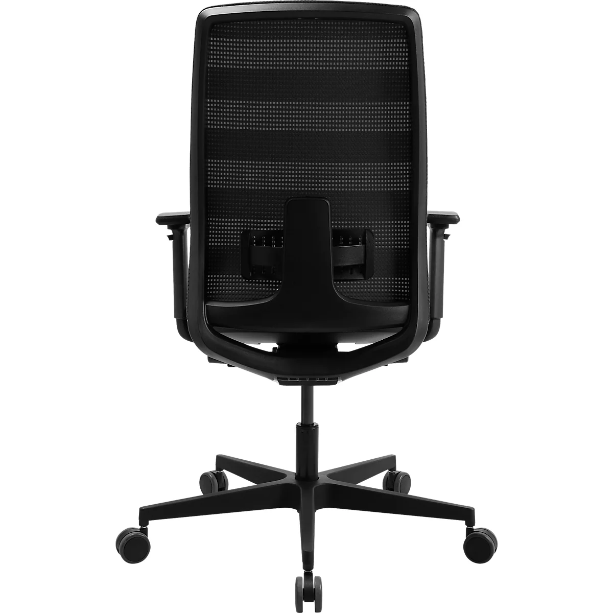 Chaise de bureau noire vue de dos. Dossier en maille, accoudoirs et base à roulettes. Partie dorsale centrale pour le réglage de la hauteur.