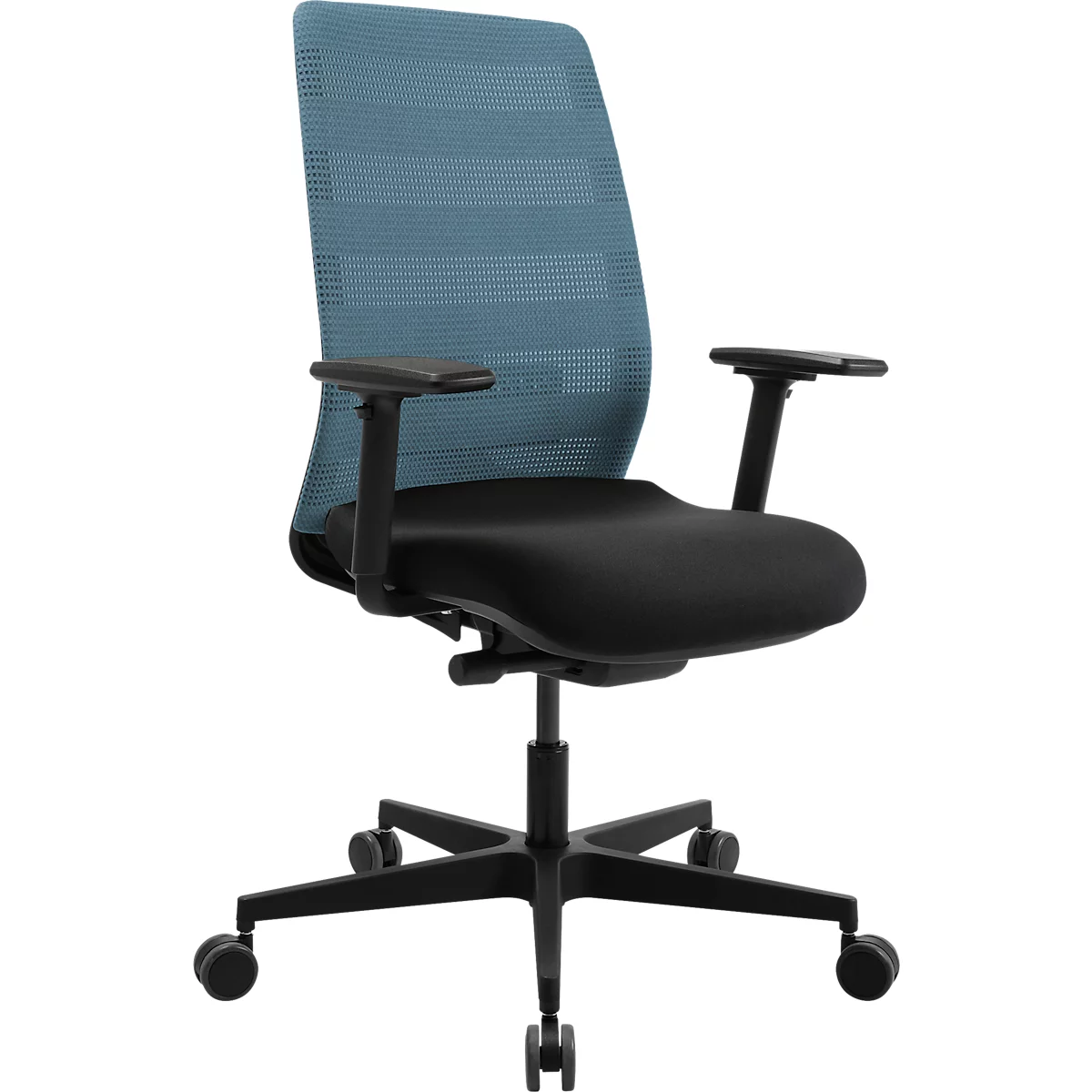 Une chaise de bureau ergonomique avec un dossier en maille bleue, une assise et des accoudoirs noirs. Elle repose sur un pied en croix noir avec roulettes.