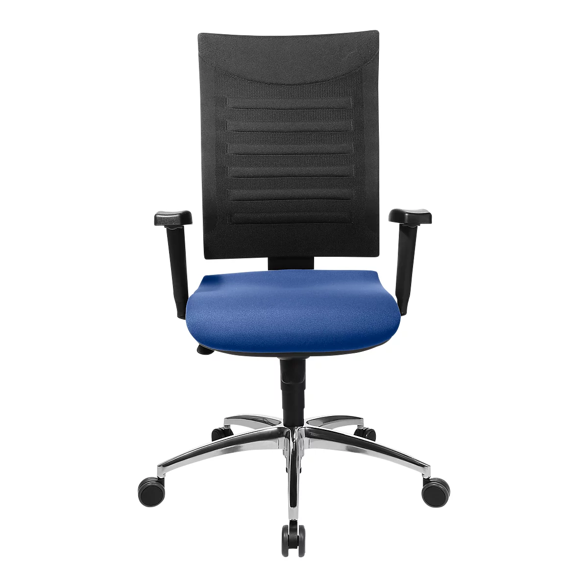 Chaise de bureau avec assise bleue, dossier noir et accoudoirs, cadre argenté.