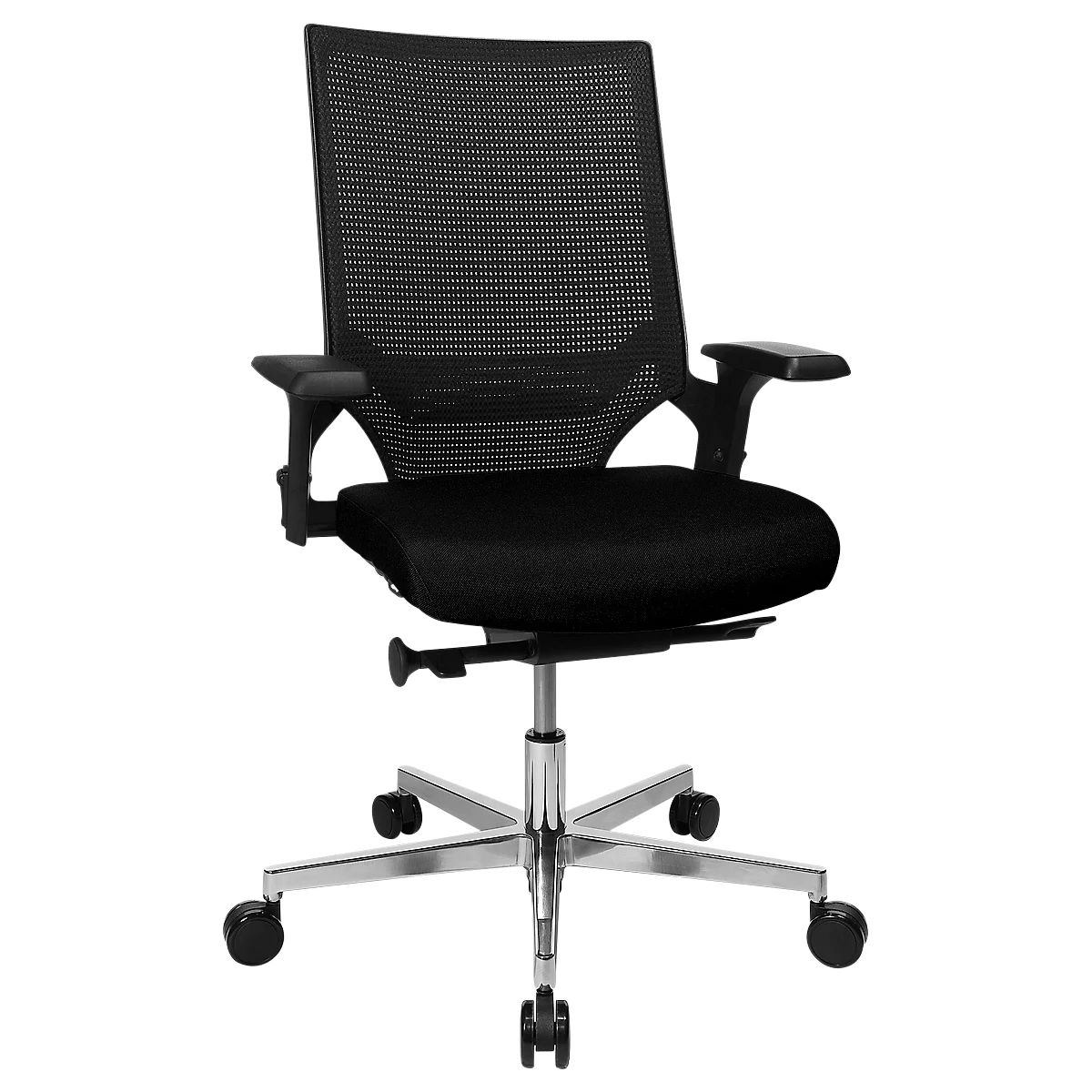Siège de bureau T300 Topstar, mécanisme synchrone, avec accoudoirs, dossier en filet avec soutien lombaire, assise galbée, noir/noir