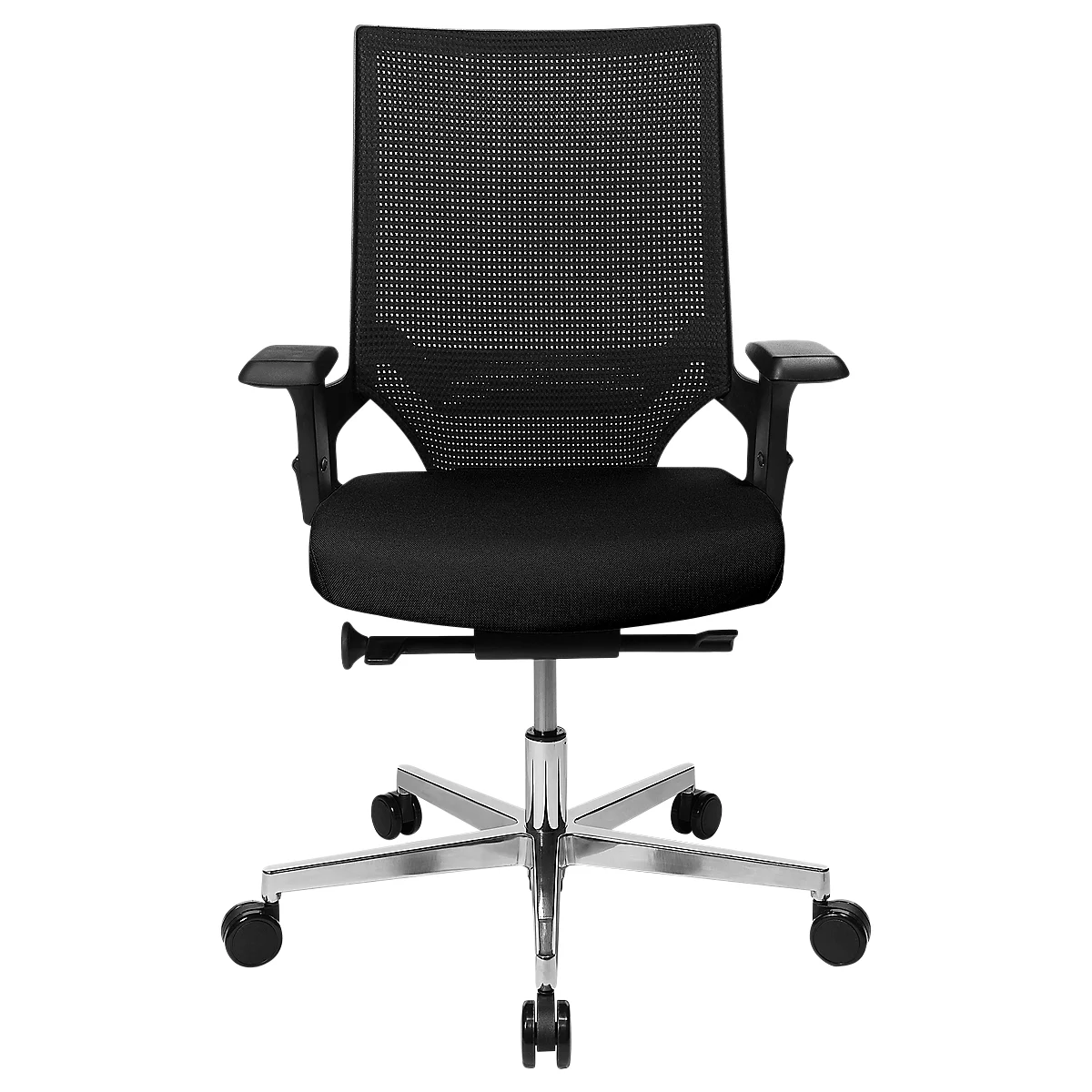 Siège de bureau T300 Topstar, mécanisme synchrone, avec accoudoirs, dossier en filet avec soutien lombaire, assise galbée, noir/noir