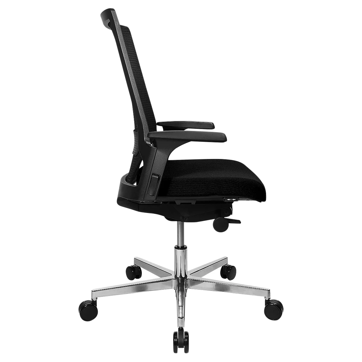 Siège de bureau T300 Topstar, mécanisme synchrone, avec accoudoirs, dossier en filet avec soutien lombaire, assise galbée, noir/noir