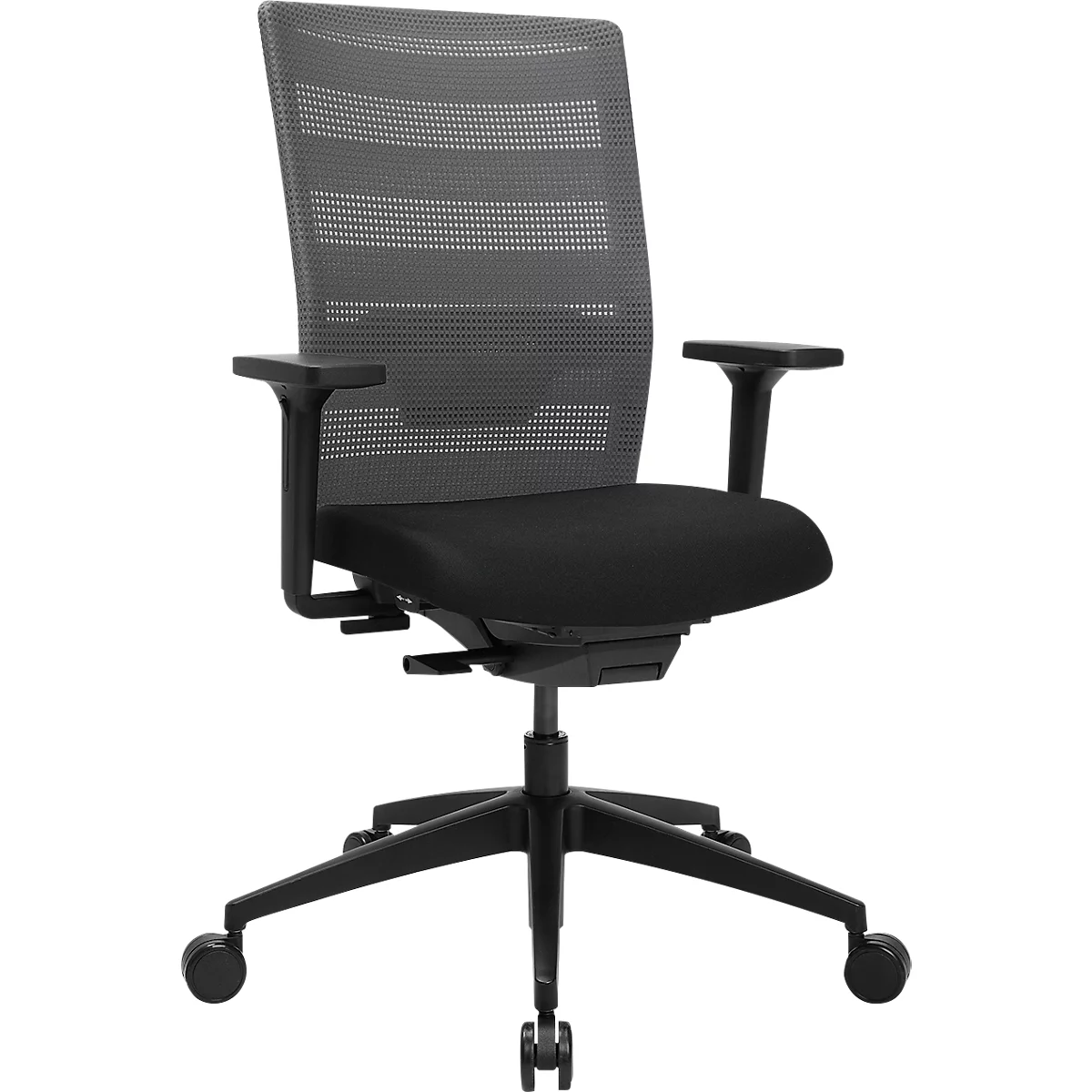 Chaise de bureau pivotante avec dossier en filet gris, assise rembourrée noire et piètement étoile noir sur roulettes.