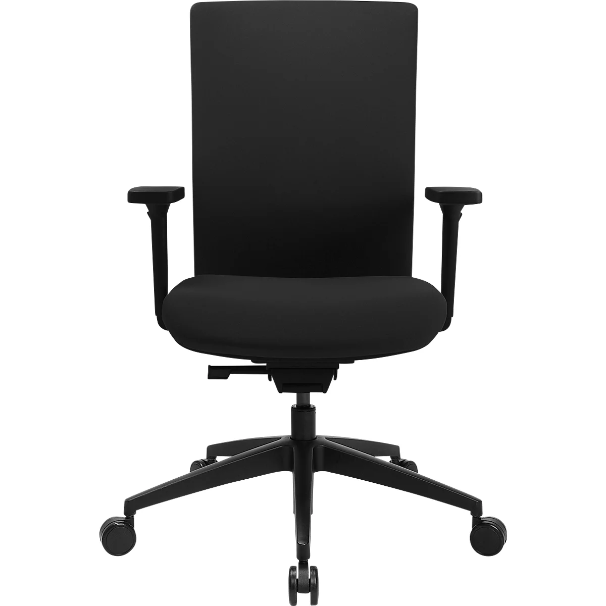 Chaise de bureau noire. Dossier haut, accoudoirs et roulettes.