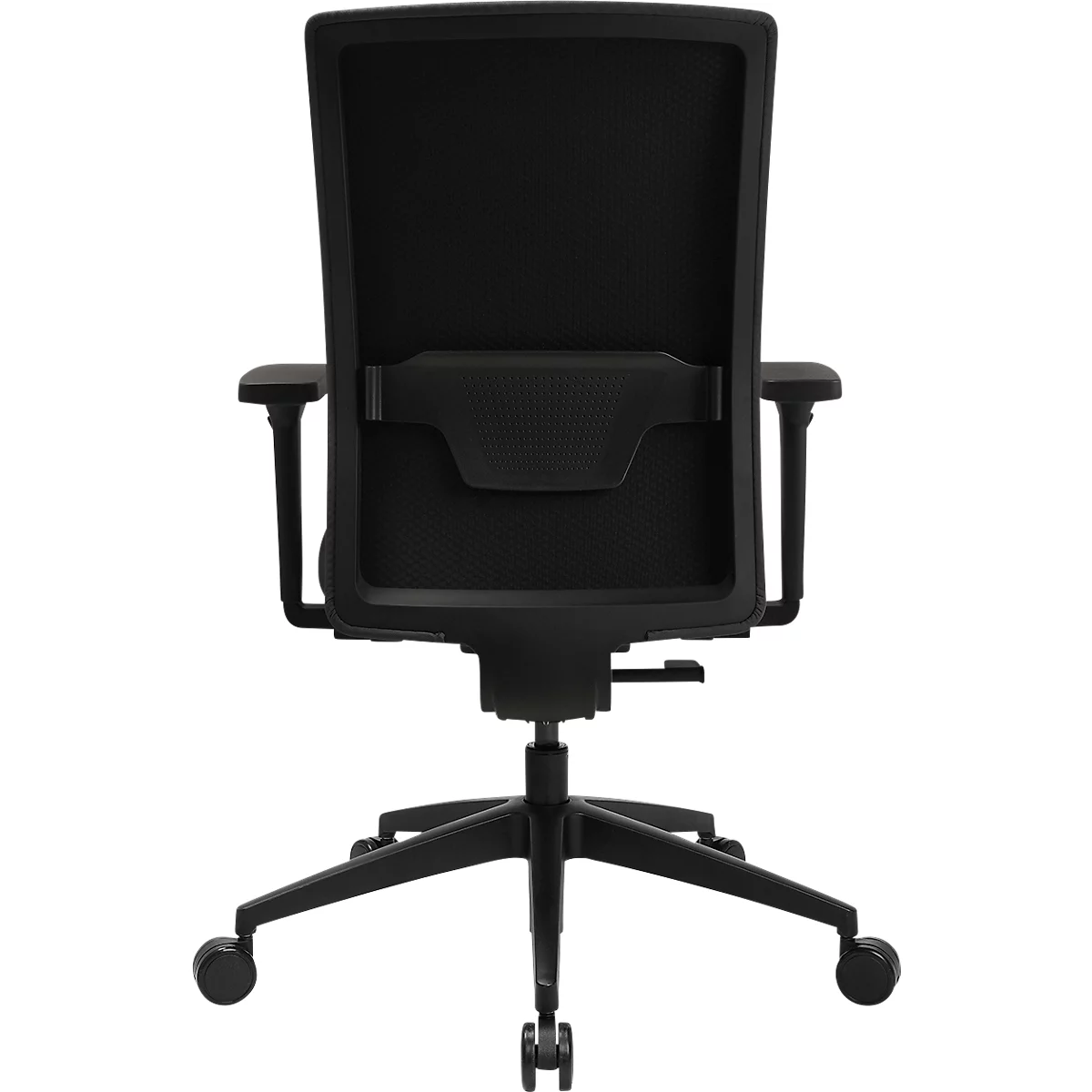 Chaise de bureau noire, vue arrière. Dossier en maille, accoudoirs, base à cinq branches avec roulettes.