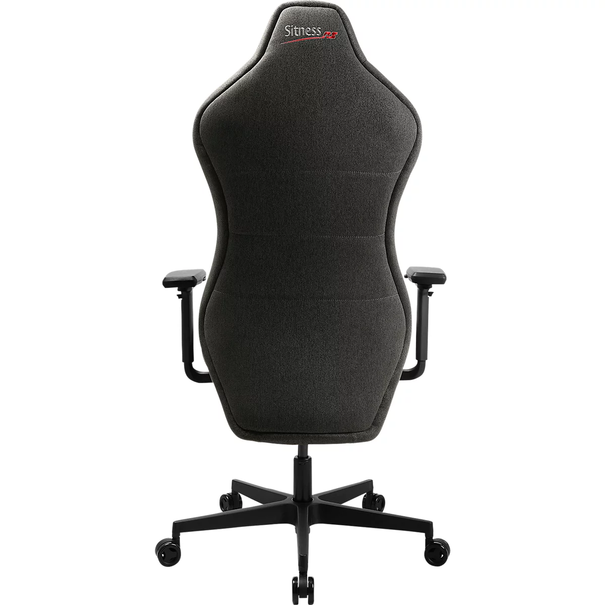 Dossier d'une chaise de bureau noire avec zones rembourrées, accoudoirs et roulettes. 'Sitness' en rouge est sur l'appuie-tête.