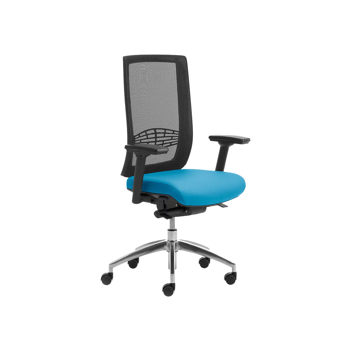 Siège de bureau WIKI, avec accoudoirs, dossier en maille, structure en aluminium poli, bleu clair