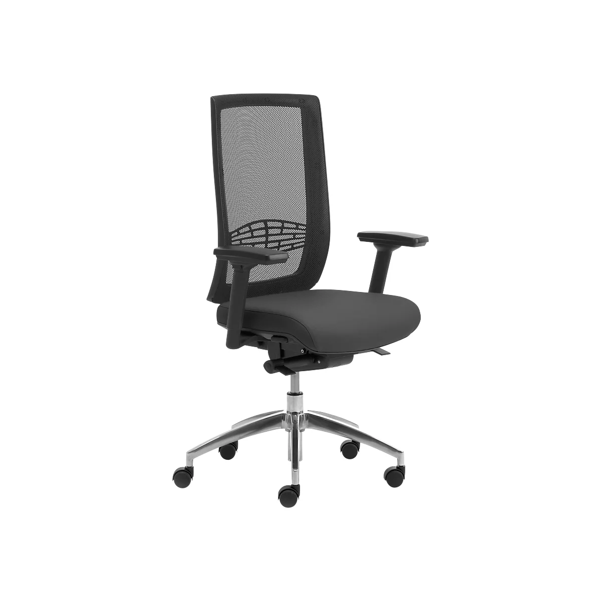 Siège de bureau WIKI, avec accoudoirs, dossier en maille, structure en aluminium poli, noir
