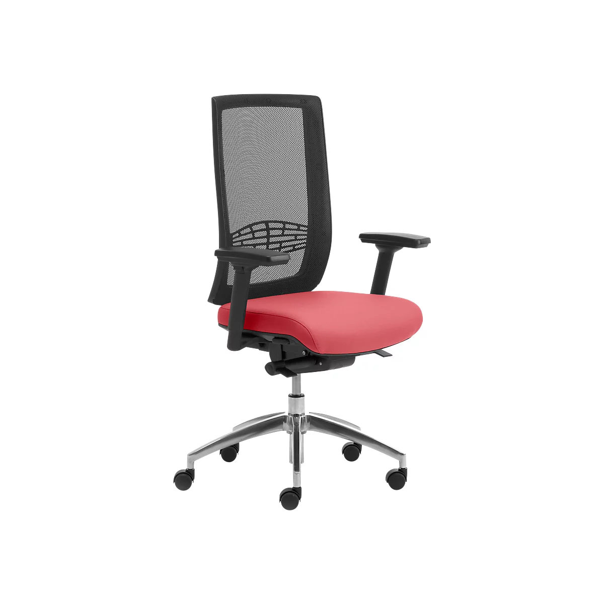 Siège de bureau WIKI, avec accoudoirs, dossier en maille, structure en aluminium poli, rouge foncé