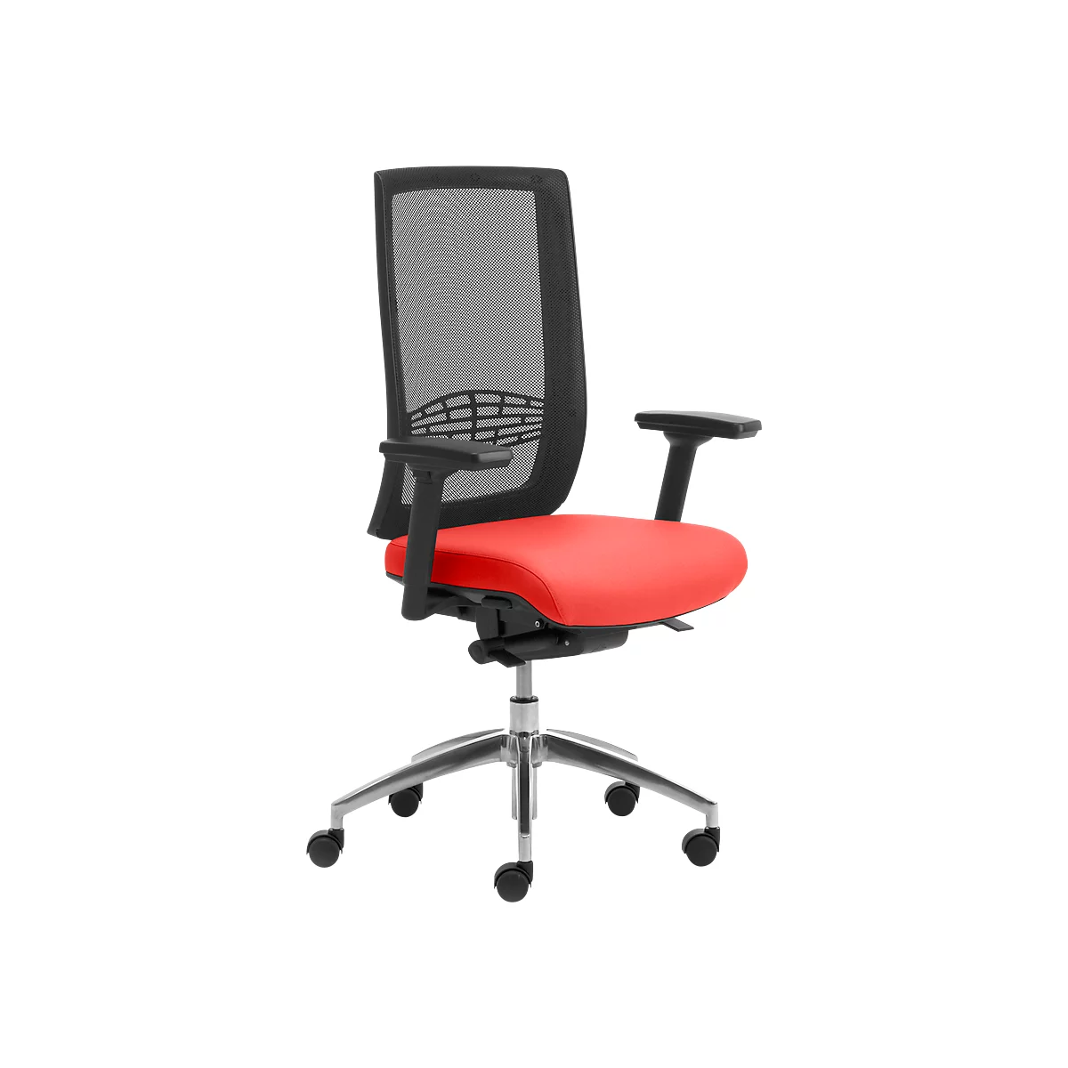 Siège de bureau WIKI, avec accoudoirs, dossier en maille, structure en aluminium poli, rouge