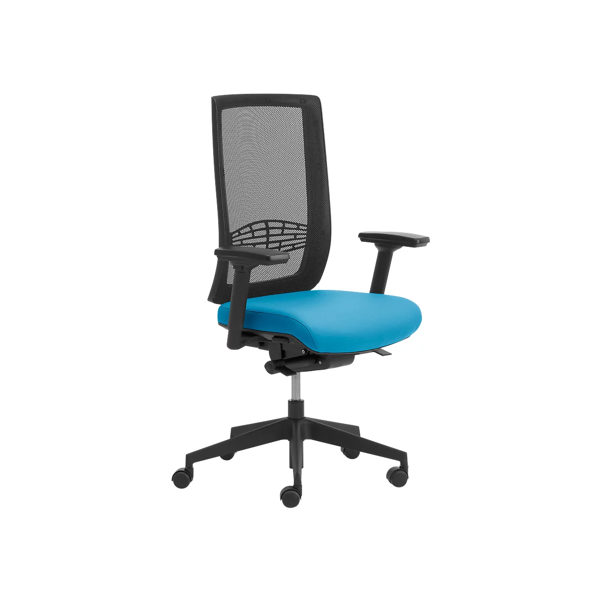Siège de bureau WIKI, avec accoudoirs, dossier en maille, structure en plastique, bleu clair