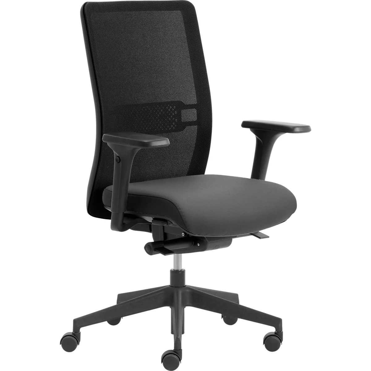 Chaise de bureau ergonomique noire avec dossier en filet sur fond blanc.