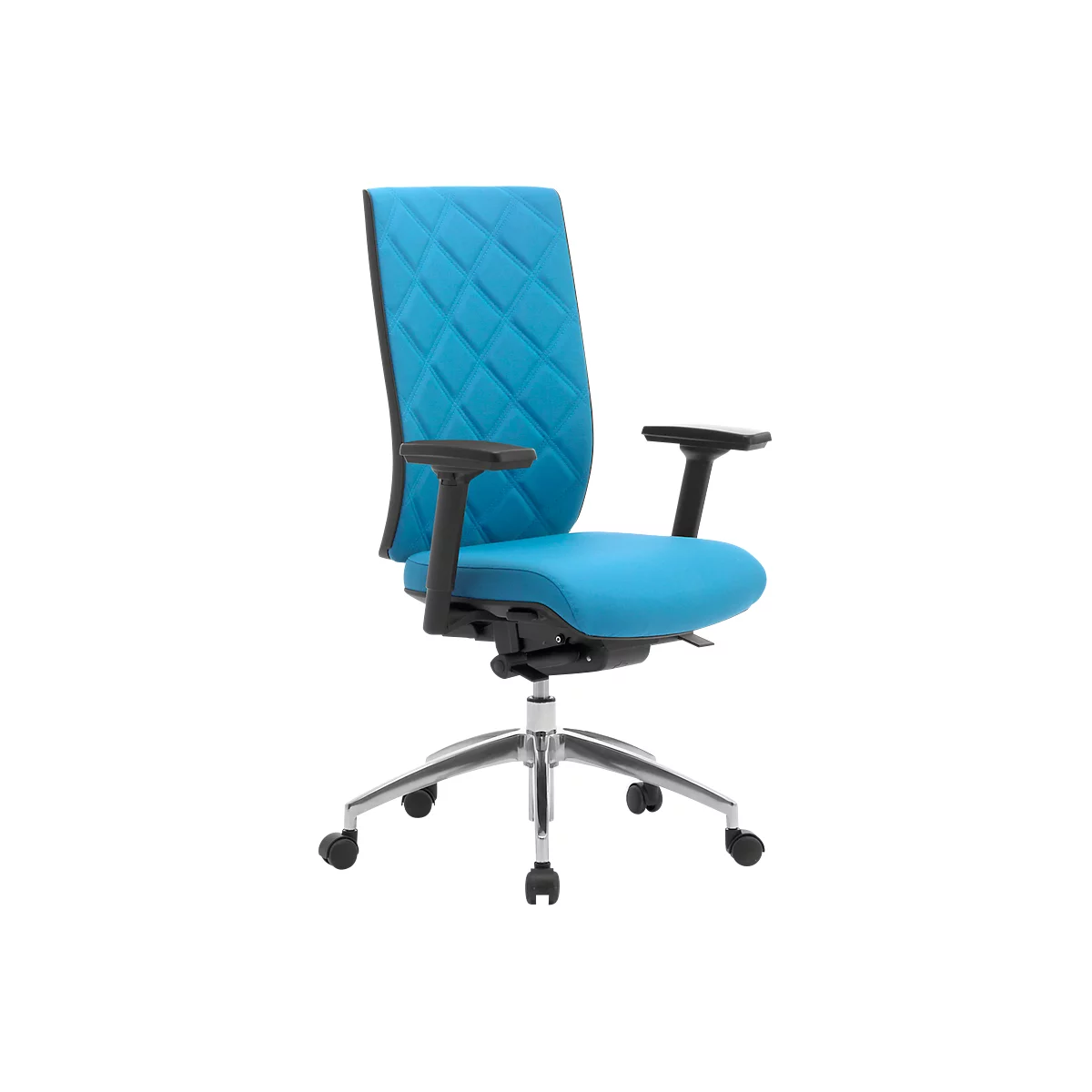 Siège de bureau WIKI, avec accoudoirs, dossier en tissu, structure en aluminium poli, bleu clair