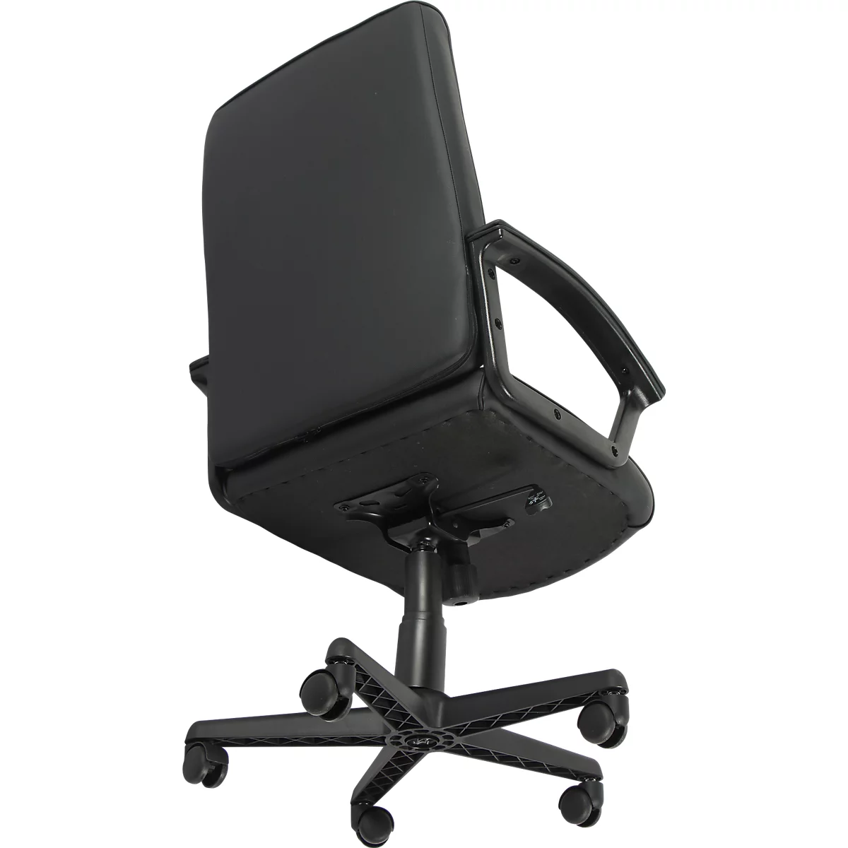 Chaise de bureau noire avec accoudoirs, piètement en étoile et roulettes, vue de dos.