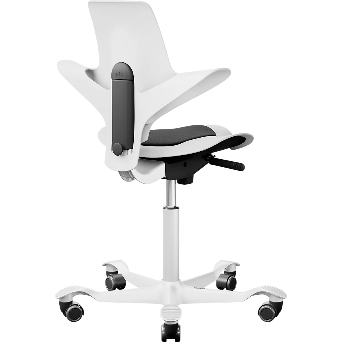 Siège de réunion HÅG Capisco Puls 8010, réglable en hauteur et en profondeur, vérin à gaz, roulettes en dur, mousse, piétement en aluminium, blanc/blanc