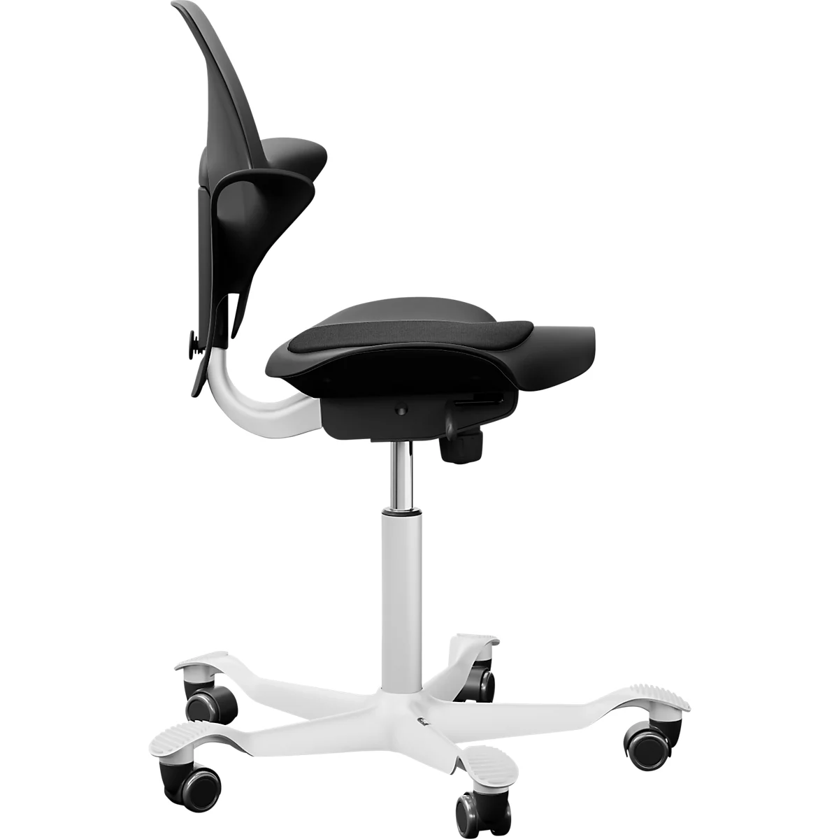 Siège de réunion HÅG Capisco Puls 8010, réglable en hauteur et en profondeur, vérin à gaz, roulettes en dur, mousse, piétement en aluminium, noir/blanc
