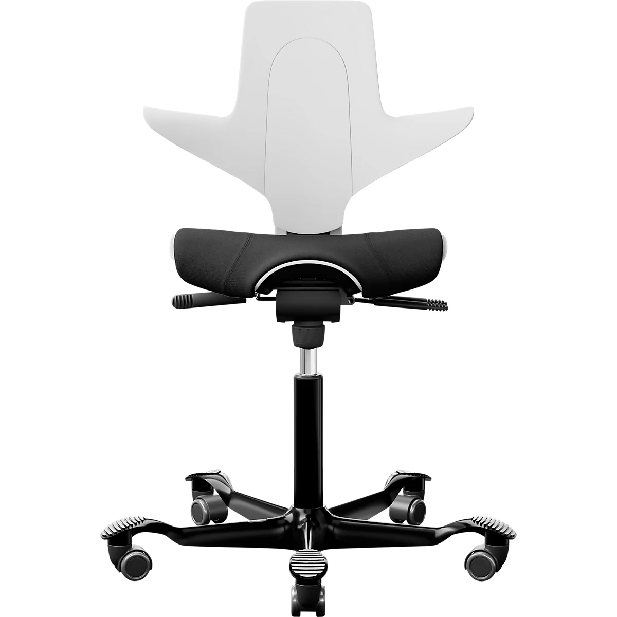Siège de réunion HÅG Capisco Puls 8020, réglable en hauteur et en profondeur, vérin à gaz, roulettes en dur, mousse, piétement en aluminium, blanc/noir