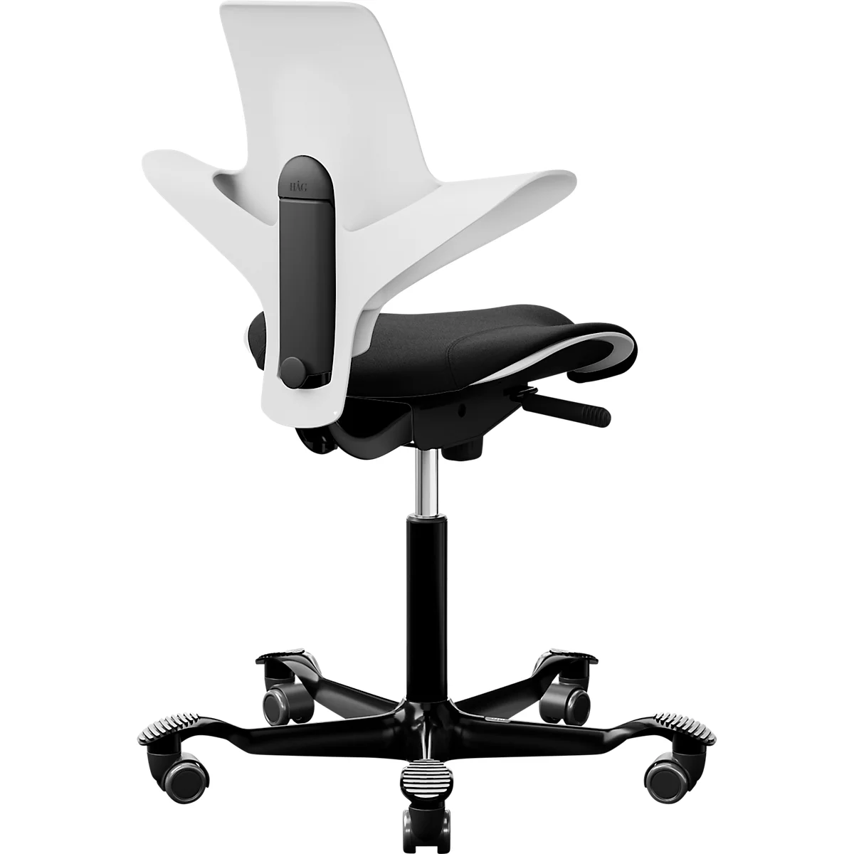 Siège de réunion HÅG Capisco Puls 8020, réglable en hauteur et en profondeur, vérin à gaz, roulettes en dur, mousse, piétement en aluminium, blanc/noir