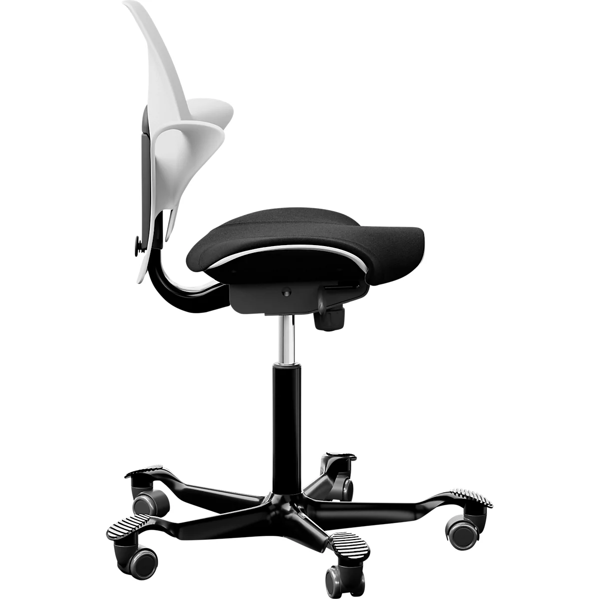 Siège de réunion HÅG Capisco Puls 8020, réglable en hauteur et en profondeur, vérin à gaz, roulettes en dur, mousse, piétement en aluminium, blanc/noir