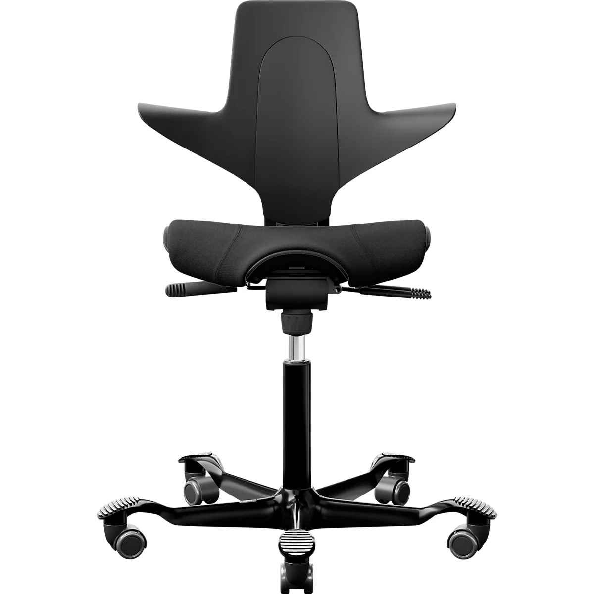 Siège de réunion HÅG Capisco Puls 8020, réglable en hauteur et en profondeur, vérin à gaz, roulettes en dur, mousse, piétement en aluminium, noir/noir