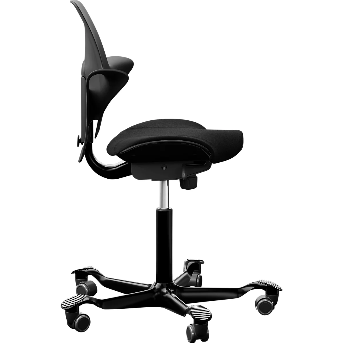 Siège de réunion HÅG Capisco Puls 8020, réglable en hauteur et en profondeur, vérin à gaz, roulettes en dur, mousse, piétement en aluminium, noir/noir