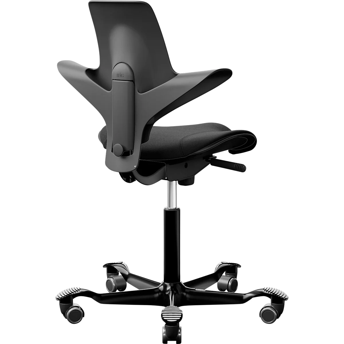 Siège de réunion HÅG Capisco Puls 8020, réglable en hauteur et en profondeur, vérin à gaz, roulettes en dur, mousse, piétement en aluminium, noir/noir