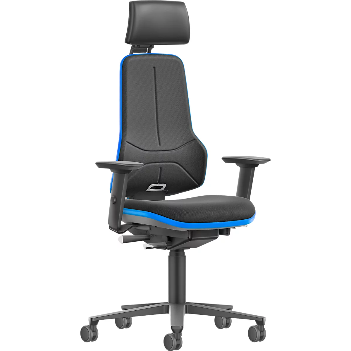 Siège de travail pivotant bimos Neon XXL 9576, jusqu'à 180 kg, avec appui-tête &amp; accoudoirs, mécanisme synchrone, rembourrage tissu, noir-bleu