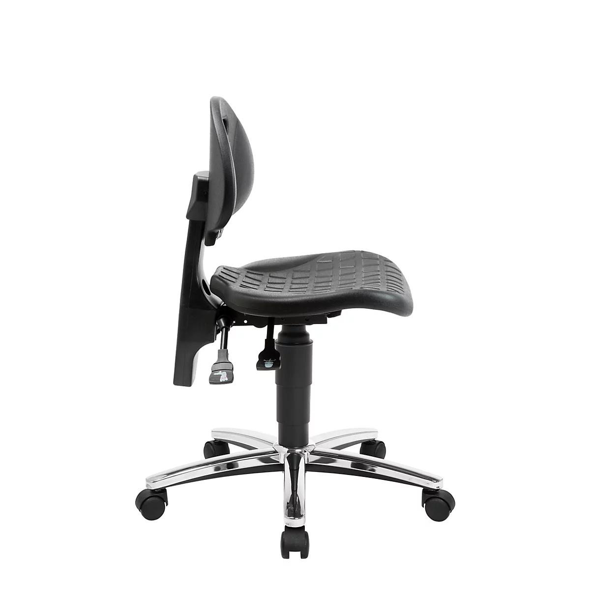 Chaise de travail noire avec vérin à gaz, repose-pieds et dossier réglable sur fond blanc.