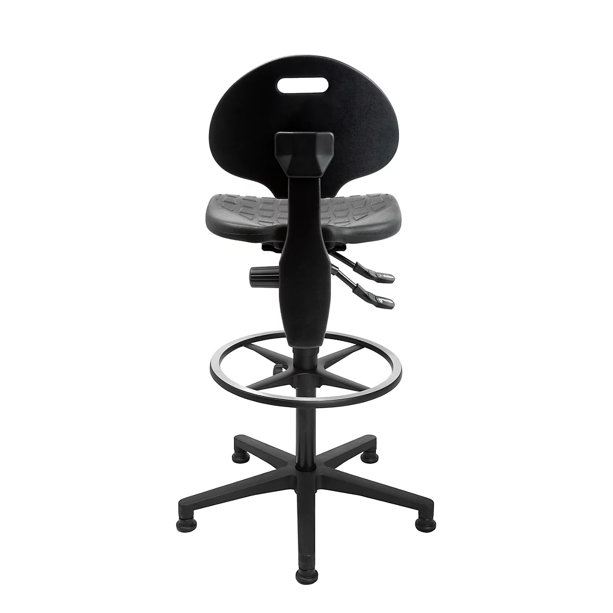 Tabouret de travail noir avec vérin à gaz, repose-pieds et assise et dossier texturés sur fond blanc.