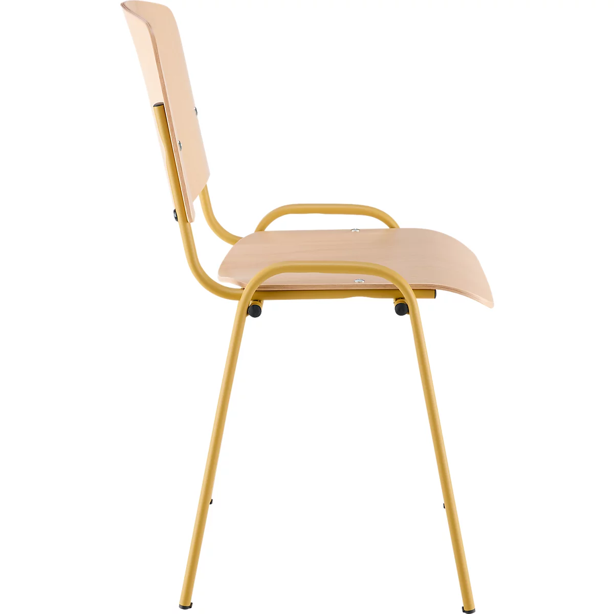 Vue latérale d'une chaise. Assise et dossier en bois. Structure métallique jaune.