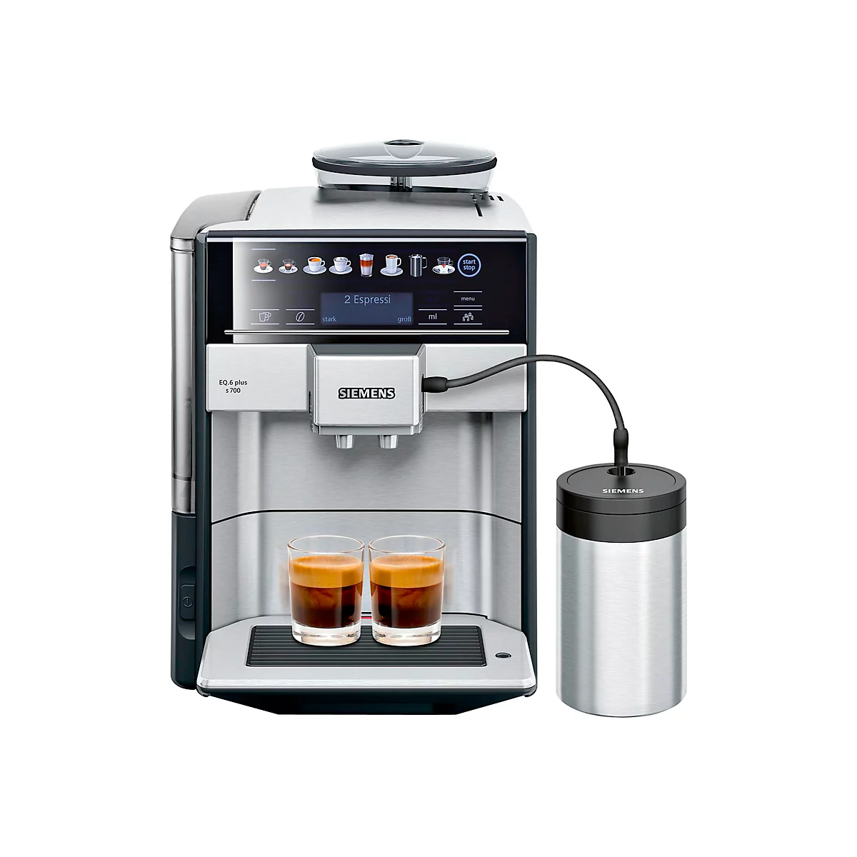 Kaffeevollautomat mit Espressi in Gläsern. Auf der Bedienoberfläche steht: 2 Espresso.