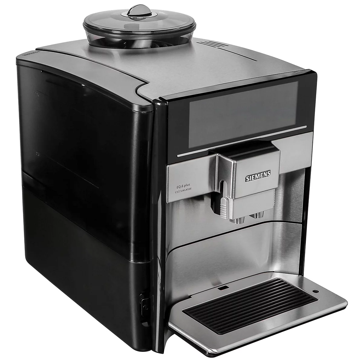 Kaffeevollautomat in Schwarz und Silber, Marke Siemens. Geöffnete Tropfschale, Drehknopf oben, Digitalanzeige.