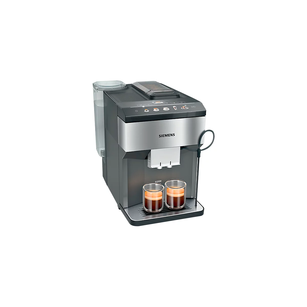 Grau-silberner Kaffeevollautomat mit zwei Espressotassen. Die Marke Siemens ist sichtbar. Das Modell ist EQ500.