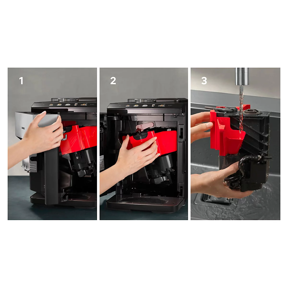 Drei Bilder zeigen das Reinigen einer Kaffeemaschine: Herausnehmen, Entleeren und Ausspülen der roten Brüheinheit.