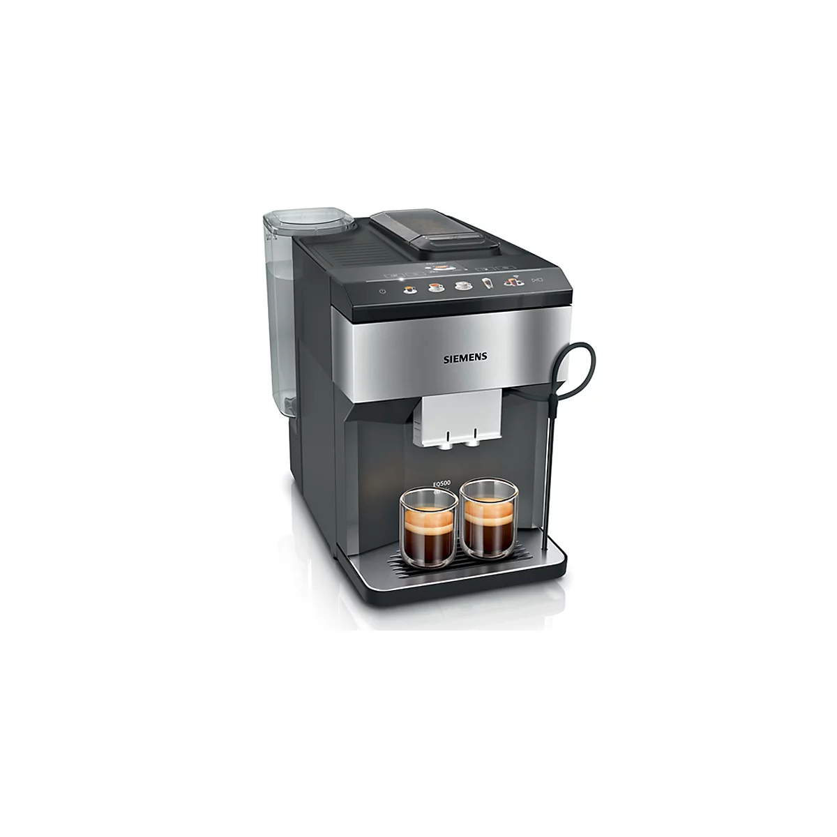 Kaffeemaschine mit zwei Gläsern Espresso. Sie ist schwarz und silber, mit der Aufschrift "SIEMENS".