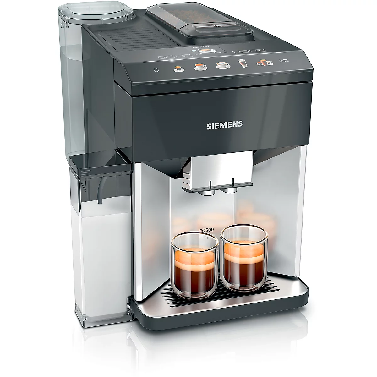 Kaffeevollautomat, der gerade zwei Tassen Espresso zubereitet. Auf dem Gerät steht der Schriftzug Siemens.