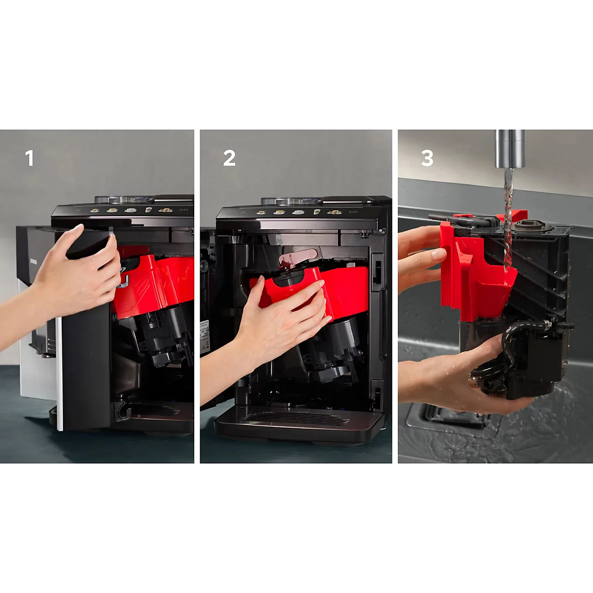 Reinigung einer Kaffeemaschine: Schritt 1: Entnehmen des Brühgruppenträgers. Schritt 2: Herausnehmen. Schritt 3: Unter fließendem Wasser reinigen.