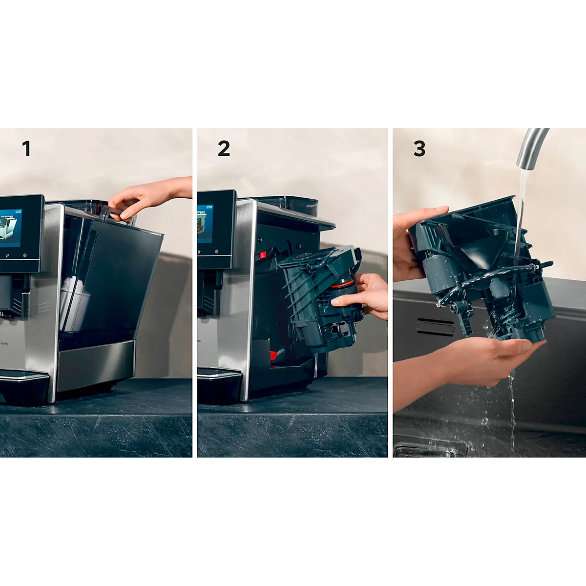 Drei Phasen der Reinigung einer Kaffeemaschine: Entfernen von Teilen, Ausbau des Brühgruppenträgers, Abspülen unter fließendem Wasser.