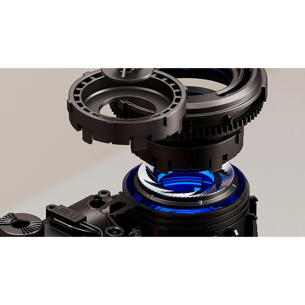 Detailaufnahme einer komplexen schwarzen Mechanik mit blauen Lichtakzenten.