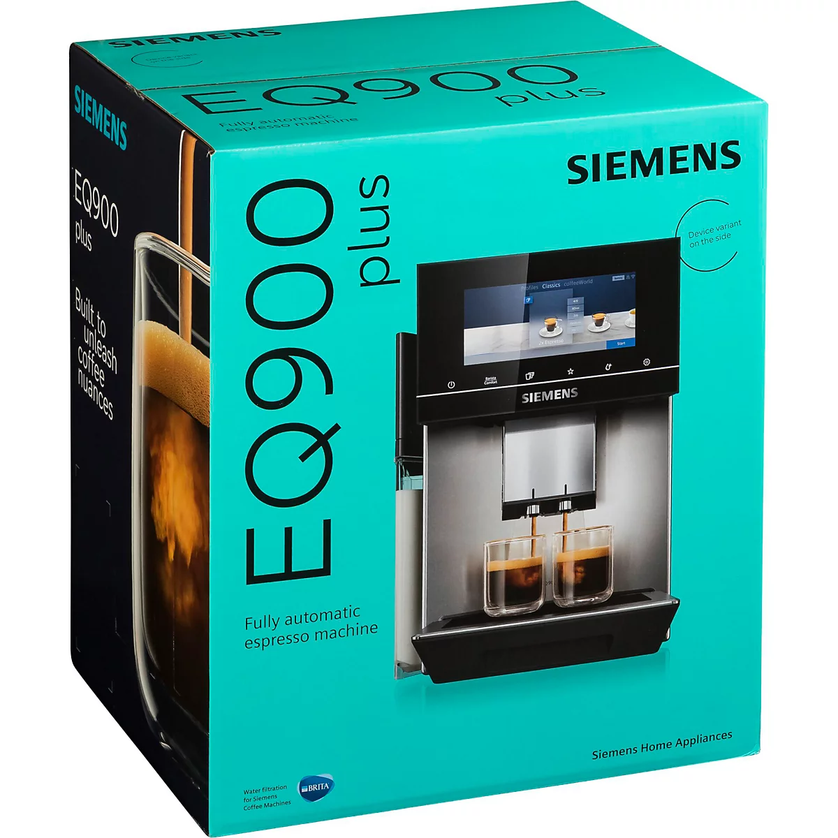 Türkisblaue Verpackung mit Siemens EQ900 plus Kaffeevollautomaten; ein Espresso wird zubereitet.
