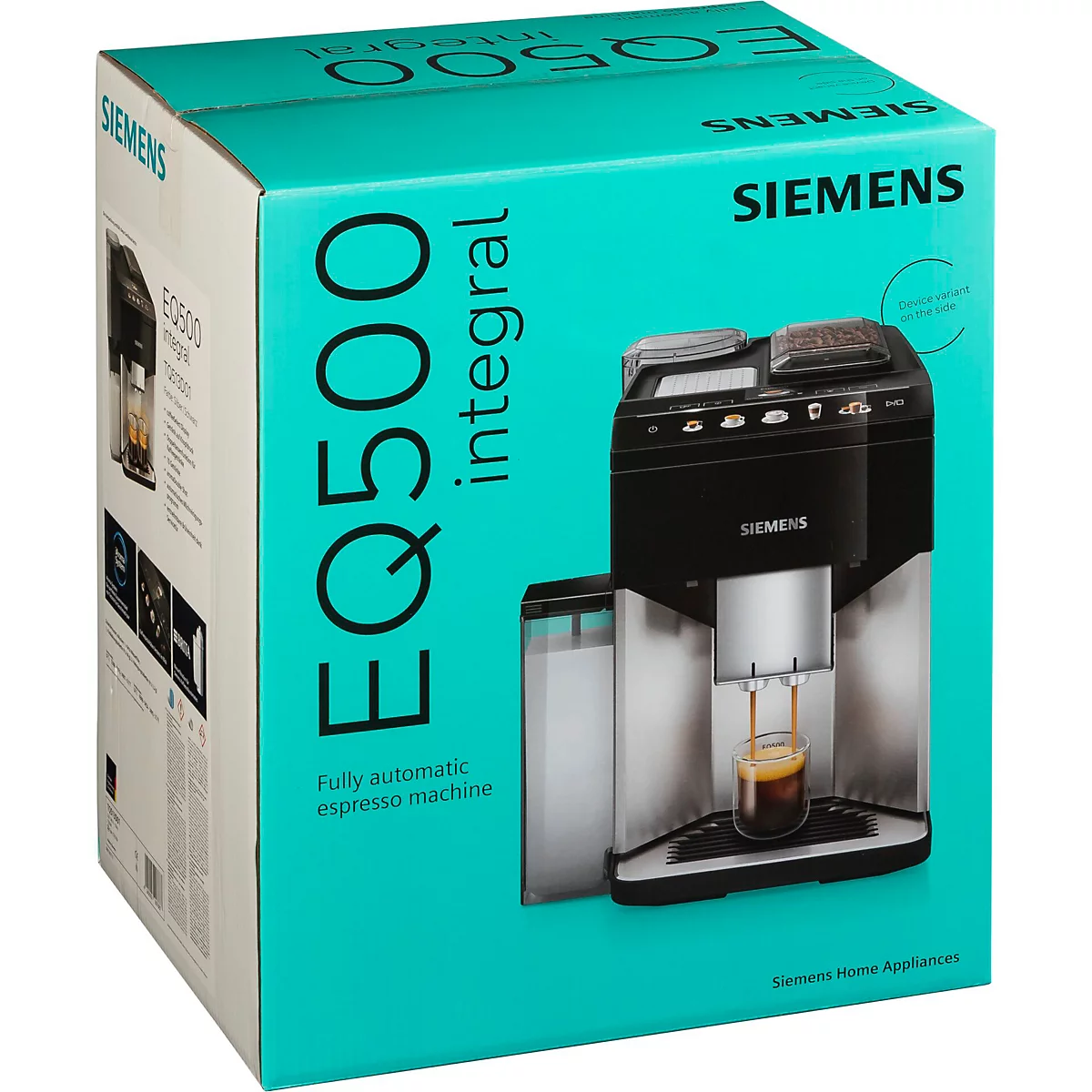 Machine à expresso Siemens EQ500 intégrale. La machine est illustrée dans une boîte turquoise. Le nom du produit et la marque sont écrits sur la boîte.