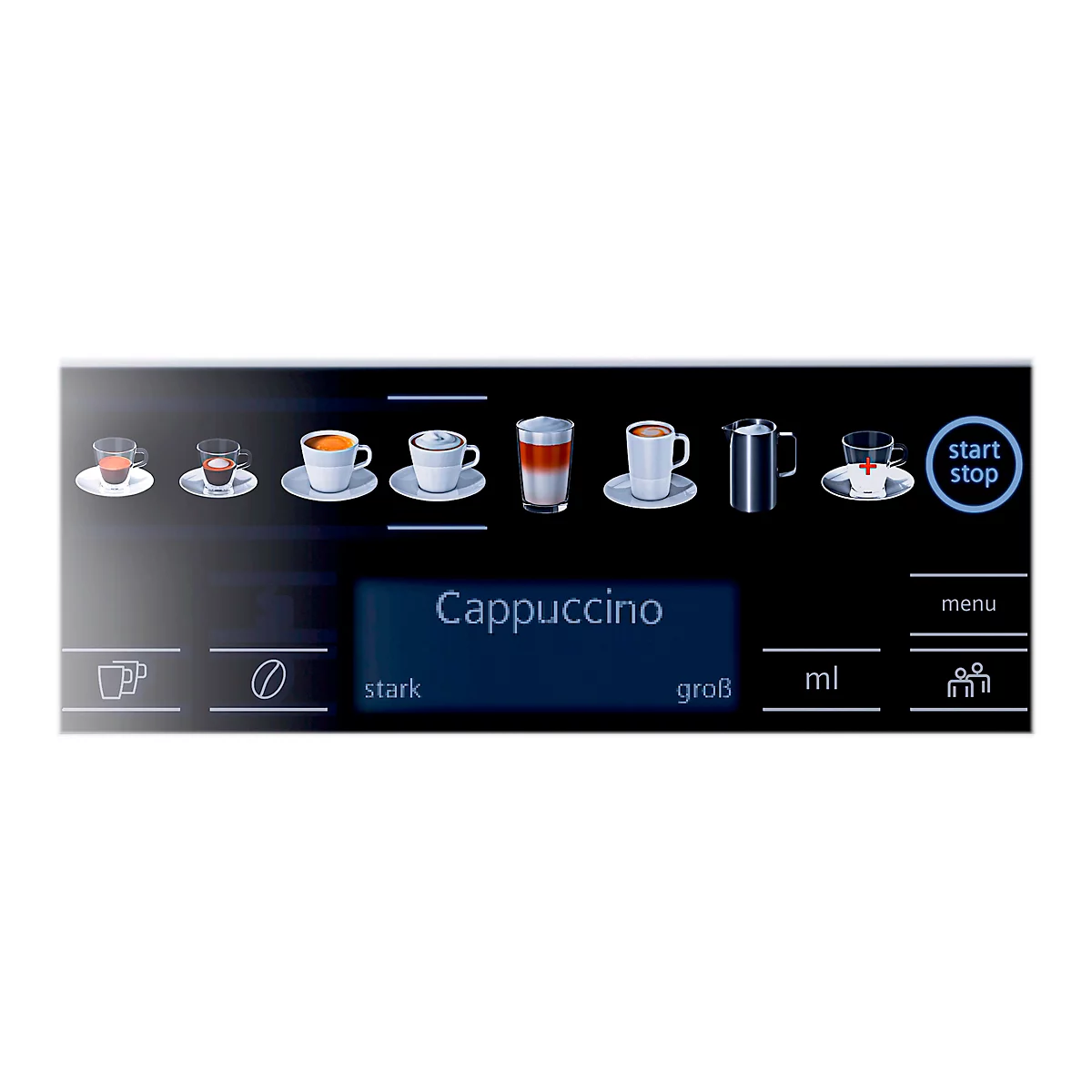 Bedieningspaneel van een koffiemachine met cappuccino-optie en verschillende koffiespecialiteiten.